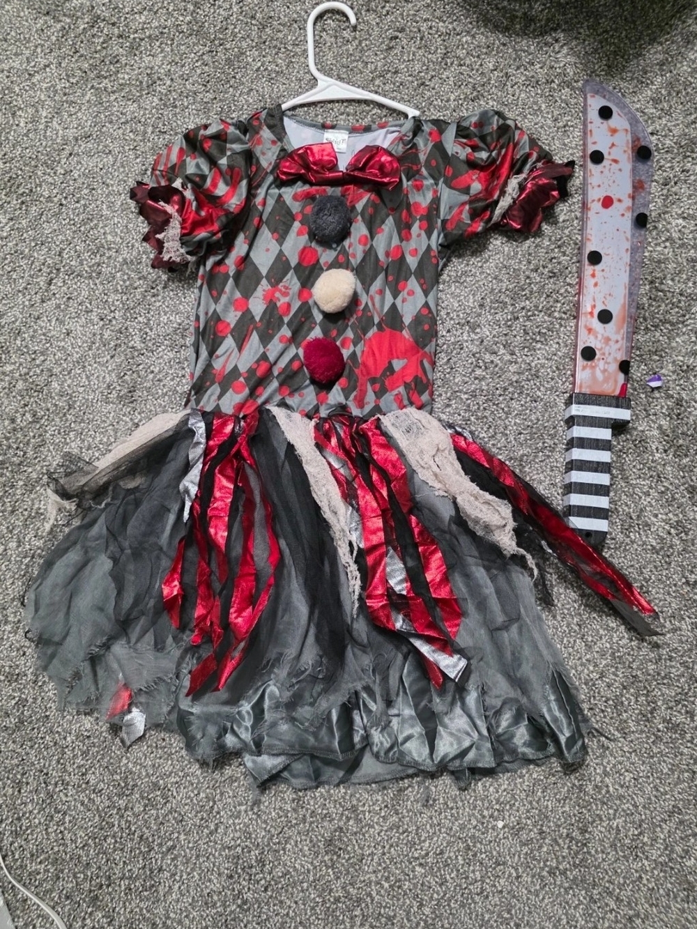 Kids Red and Gray Jester Clown Costume with Pom Details